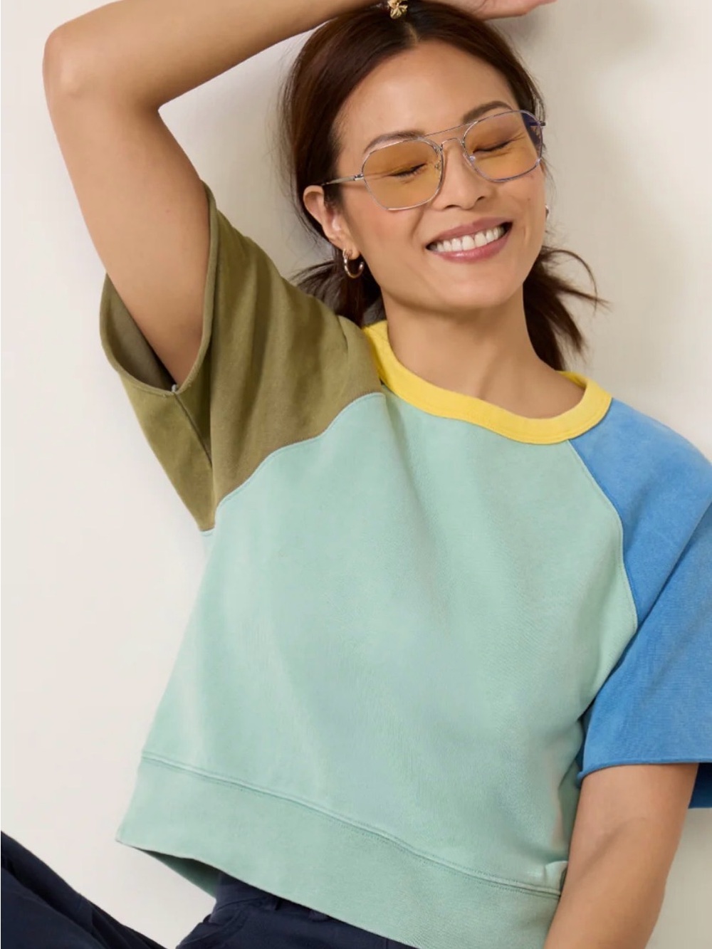 MOTHER Quick Dip Colorblock Short Sleeve Sweatshirt Top